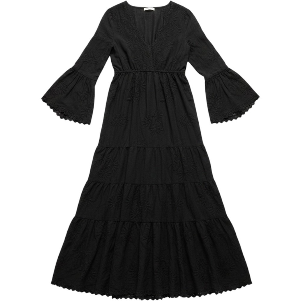 Raga Black Embroidered Cotton Maxi Dress Bell Sleeve V-Neck Boho R4778 L